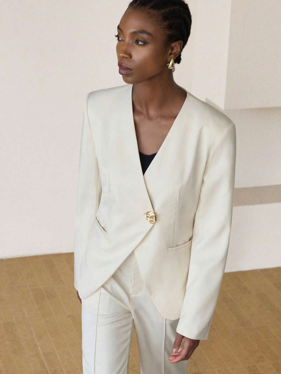Aveloria Modichic Fashionable & Elegant Casual White Wide-Leg Pants, White V-Neck Suit Set With Metal Button Decor - White - View 1