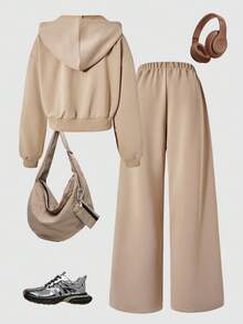 SHEIN ChillGRL 少女落肩拉链连帽衫外套搭配阔腿裤休闲装 - 卡其色 - 查看 2