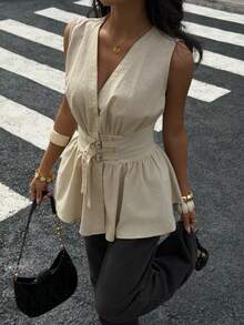 Siren Gaze 100%纯棉无袖衬衫，双腰带设计，柔软亲肤，杏色，适合工作和度假穿着，优雅女士衬衫 - 杏色 - 查看 7