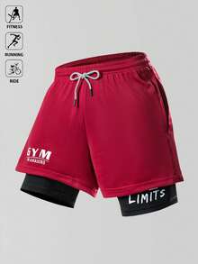 Gym Rark 男士印花双层抽绳腰运动短裤运动短裤 - 酒紅色 - 查看 1