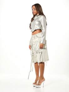 SUMWON WOMEN Metallic Panel Cropped Moto Jacket With Star Embellishments And Full Zip Closure For Fall Winter - Grey - View 5