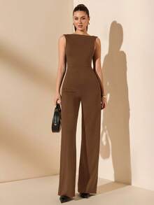 SHEIN BAE 春夏纯黑色优雅性感露背系带蝴蝶结无袖超长阔腿连体裤，适合日常约会、外出、聚会、派对等场合，优雅女士叠穿，不对称连体裤，阔腿连体裤，情人节连体裤，日常连体裤，优雅连体裤 - 棕色 - 查看 2