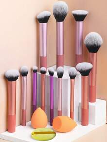 12pcs Multi-Functional Super Soft Makeup Brush Set + Slant & Drop-Shaped Beauty Sponge + 1pc Round/Drop-Shaped Powder Puff For Quick Makeup Application, Beauty Tools - Multicolor - View 4