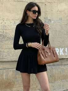 Aloruh Black Romantic Bowknot Ruffle Hem Long Sleeve Dress For Women - Black - View 2