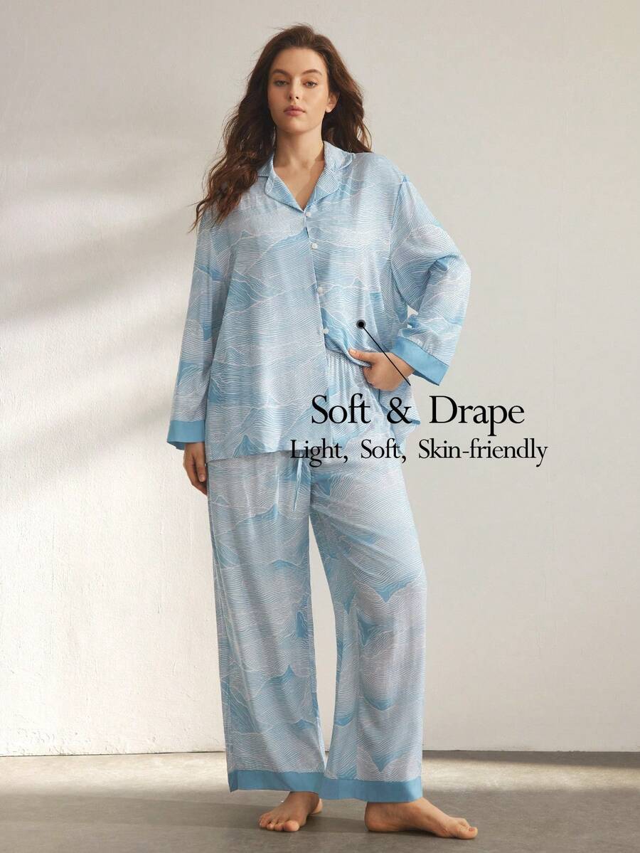 Ocili 大码女式舒适几何山纹图案翻领宽松长袖上衣和裤子睡衣套装，自然色，冬季服装 - 藍色 - 查看 1