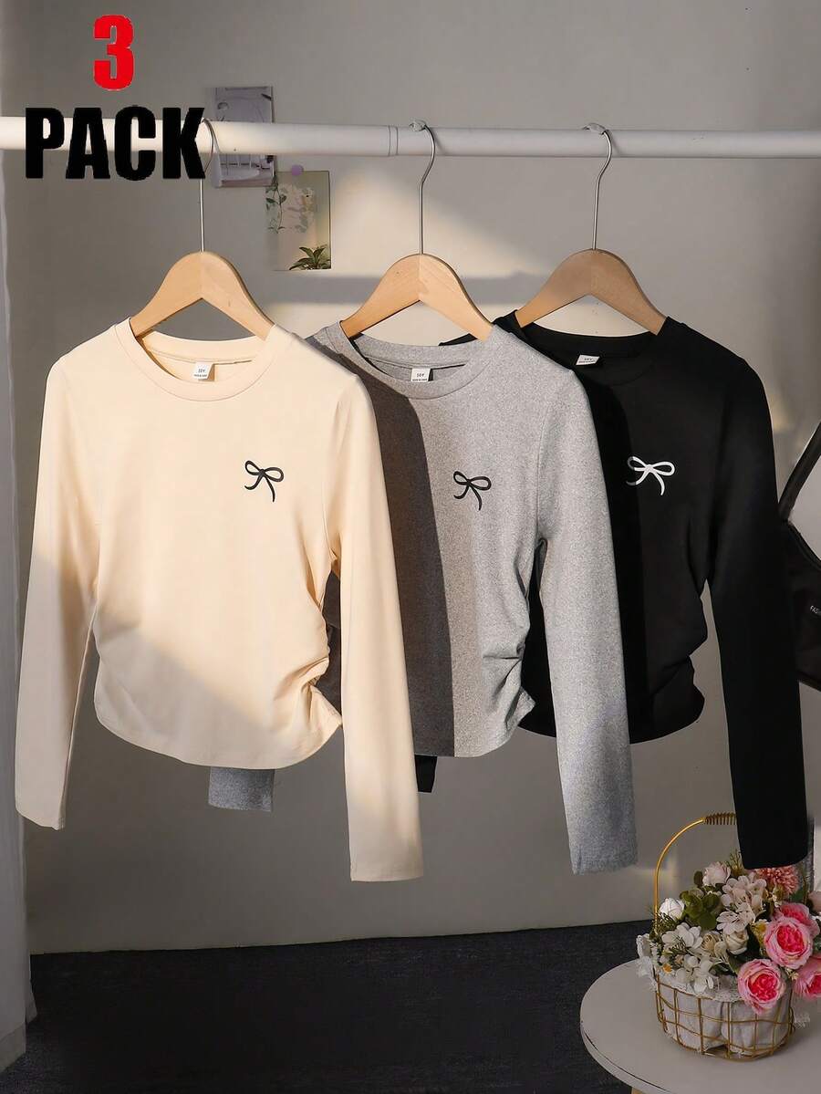 3 件套女童圆领长袖修身 T 恤，带蝴蝶结图案，适合日常穿着的休闲上衣，秋季 - 杏色 - 查看 1