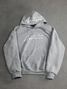 男士字母印花长袖休闲口袋连帽卫衣，PAVTROS，Y2k，狂欢节，街头服饰，复古，度假，我爱我的男朋友，情人节，结构拼接连帽泡沫印花复古字母连帽衫 - 淺灰色 - 查看 3