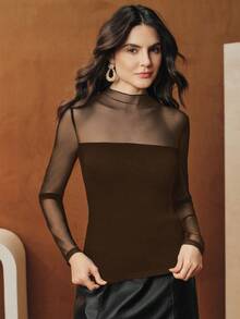 Anewsta 女士新款立领网纱拼接优雅时尚约会外出工作百搭长袖T恤 - 咖啡棕 - 查看 4