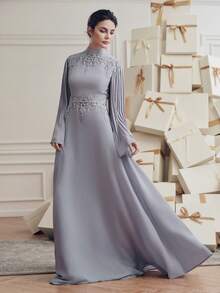 Anewsta Elegant Lightweight Gray Stand Collar Applique Sleeve Pleated Waist Flowing Long Sleeve Dress For Women, Spring/Summer - Light Grey - View 4