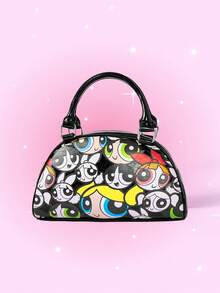 THE POWERPUFF GIRLS X SHEIN Fashion Yellow Cartoon Pattern Handbag Boston Bag, Casual Campus Street Style - Black - View 1