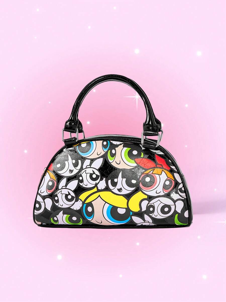 THE POWERPUFF GIRLS X SHEIN Fashion Yellow Cartoon Pattern Handbag Boston Bag, Casual Campus Street Style - Black - View 1