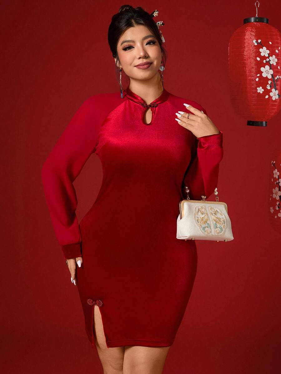 Elenzga Plus Size Women's Elegant Chinese Style Button Front Long Sleeve Dress Bodycon Plus Size Dress Plus Size Club Dress Red Dress Curve Plus Size Red Dress Plus Size Winter Dresses - Burgundy - View 1