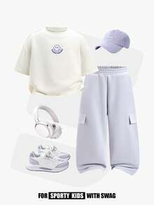 JNSQ 2pcs/Set Young Girls Crew Neck Short Sleeve Sweatshirt With Cute Letter Print And Matching Sweatpants, Spring/Summer - White - View 2