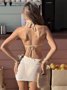 Swim Vcay Women's Swimsuit Set, Fashionable, Sexy, Influencer Style, Beach, Vacation, Starfish Sexy Bikini With Mesh Coverup Skirt Bikini Set Beach Skirt Set Seashell Bikini Bathing Suit 3 Piece Set Three Piece Swimsuit Set 3 Piece Set Bikini Cream Three Piece Swimsuit Set Cream Two Piece Set Beach Two Piece Set - Apricot - View 3