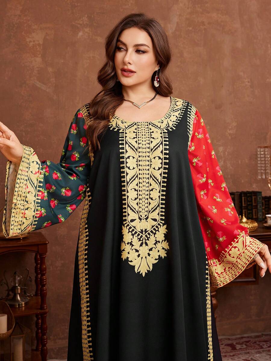 Al Najma 宽松长袖优雅传统粉笔印花图案长款连衣裙，适合春秋季穿着，大码尺码 - 彩色 - 查看 1