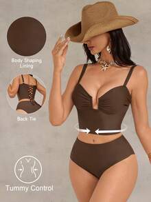 Shapewave 女士棕色提臀收腹露背抽绳性感修身吊带比基尼上衣 - 棕色 - 查看 3