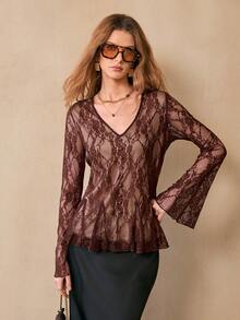 Chiquease Women's Casual Bohemian Romantic Lace Loose T-Shirt, Fashion Outerwear, Spring/Autumn - Coffee Brown - View 1