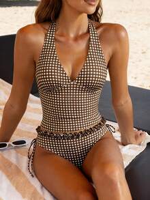 Swim Vcay Summer Women Tankinis 2 Piece Set, Coffee Plaid Print Ruffle Halter Neck Tie Top, Drawstring Side Ruched Bikini Bottom Swimsuit - Multicolor - View 1