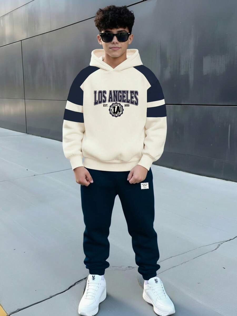 2pcs Tween Boy Casual, Fashionable Classic, Cool Style, LA, Retro American, College Style, Sporty, English Letter Los Angeles Long Sleeve Hoodie Sweatshirt Set, Suitable For Autumn/Winter