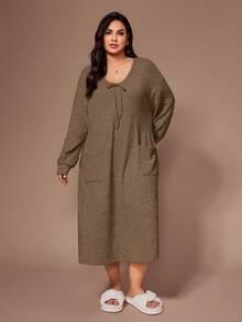 Lazeform 柔软亲肤的印花雪纺休闲双口袋蝴蝶结睡裙 - 咖啡棕 - 查看 3