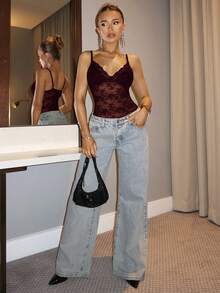 SHEIN BAE Women's Black Low Cut Lace Sexy Suspender Adjustable Bodysuit For Valentine's Day Women's Outfits, Women's Spring Outfits, Valentine's Day Outfits - Maroon - View 4