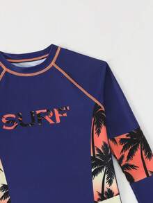 SHEIN 男童字母植物印花圆领长袖上衣和松紧腰短裤沙滩泳衣套装 - 彩色 - 查看 4