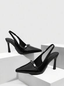 CUCCOO SZL Giày cao gót mũi nhọn trang trí kim loại thanh lịch thời trang dành cho nữ khi đi làm - màu đen - Xem 2