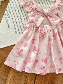 SHEIN 女婴优雅可爱粉色碎花荷叶边蝴蝶结连衣裙 - 粉色 - 查看 4