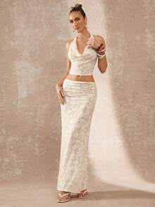 Lumalex 2件套杏色钩针编织深V领露背长裙及沙滩罩衫套装 - 杏色 - 查看 7