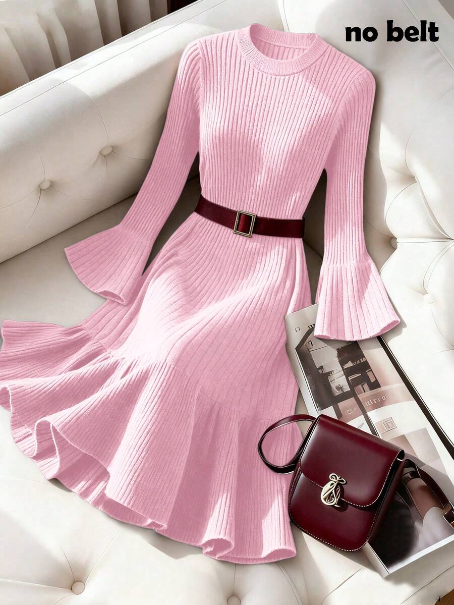 Franclia Váy len dệt kim cổ tròn tay loe gợi cảm, thanh lịch, giản dị, thu đông mới cho nữ - Màu Hồng baby - Xem 1