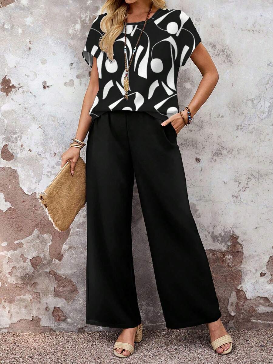 EMERY ROSE 两件套女士休闲宽松圆领上衣和阔腿裤，春秋季嘉年华百搭套装，黑白上衣搭配阔腿裤，两件套女士波点上衣，休闲百搭 - 黑與白 - 查看 1