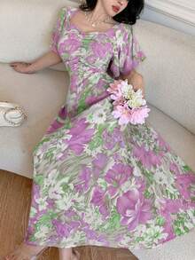 Modelyn 女士印花褶皱前片荷叶袖收腰修身A字连衣裙 - 淡紫色 - 查看 6
