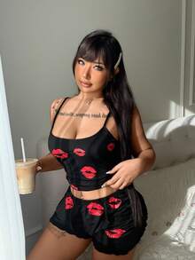 ZzzCrew 女士休闲性感红唇印花加大码吊带背心和短裤套装 - 黑色 - 查看 2