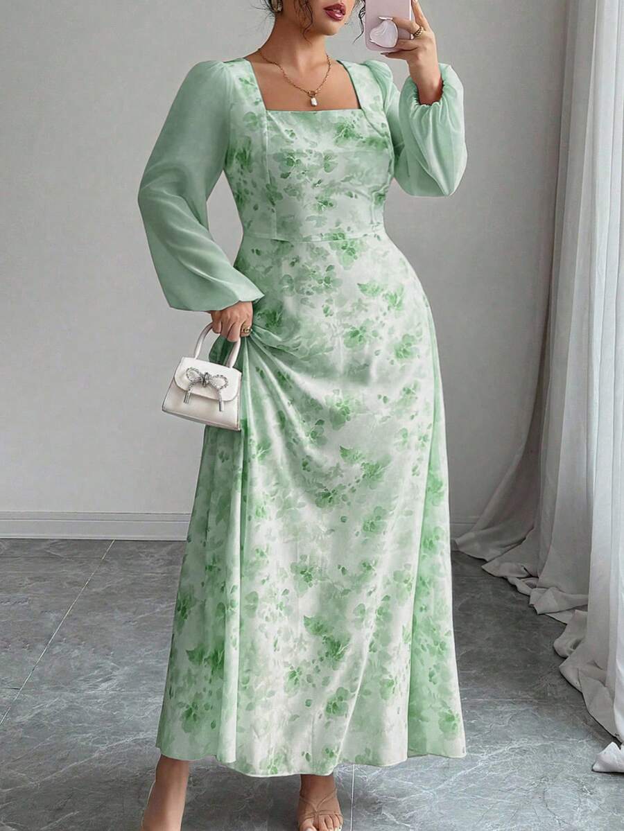 Modelyn Women's Floral Print Patchwork Square Neck Long Sleeve Elegant Date Dress Pastel Green Dress Mint Green Dress Women
