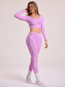 Dewbera 无缝高弹瑜伽健身女式运动交叉腰带撞色套装 - 粉色 - 查看 5