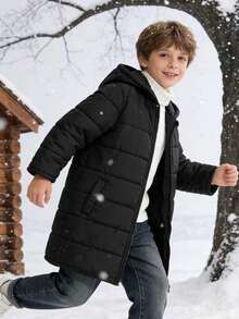 SHEIN Young Boy Casual Hooded Long Cotton Padded Jacket, Winter Fall