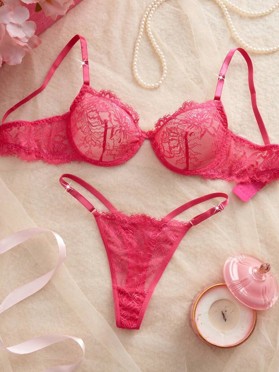 SHEIN Eyelash Lace Underwire Bra & Panty Lingerie Set - Hot Pink - View 1