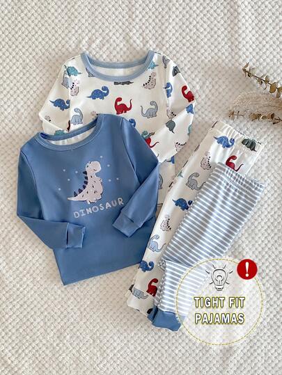 4pcs Baby Boy Cartoon Dinosaur & Striped Print Casual Comfortable Long Sleeve Top And Pants Homewear Set Baby Boy Pj Set Tight Fit Pajamas Toddler Sleep Wear Baby Boy Night Clothes Dinosaur Print Pajamas Snug Fit Baby Boy Dinosaur Pajamas Long Sleeve Pajamas
