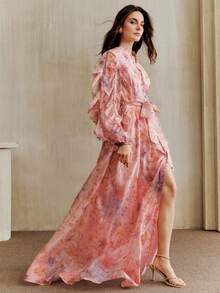 Anewsta Gaun Wanita Elegan Kasual Motif Bunga dengan Hiasan Ruffle di Bagian Bawah, Jubah Jalabiya Mewah, Pakaian Liburan Musim Semi/Panas - Berwarna merah muda - View 3