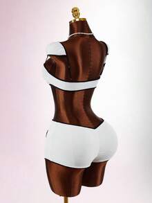 Amplova 2026新款低胸黑白撞色露脐上衣和迷你短裤套装，修身款 - 黑與白 - 查看 2