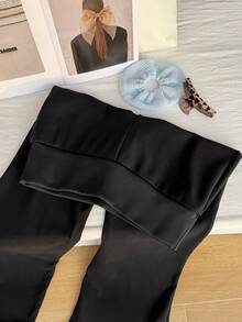 SHEIN EZwear Plus Size Autumn/Winter Casual Solid Color Wide-Waist Thickened Pants - Black - View 5
