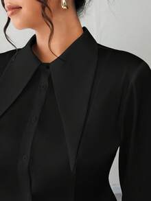 Elenzga 大码女士优雅翻领收腰长袖衬衫，秋冬季时尚外套 - 黑色 - 查看 4
