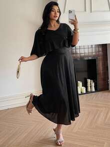 Dazy Plus Plus Size Women Solid Color Round Neck Poncho Style Sequin Waist Dress Maxi Dress Sundress - Black - View 5