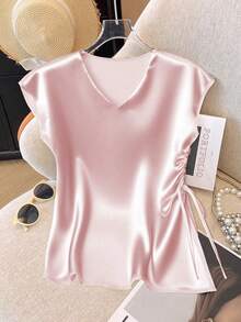 GlowEve CURVE Woven Satin Drawstring Fitted Crew Neck Shirt - Pink - View 1