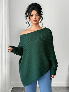 SHEIN Elenzya Áo len chui đầu dáng rộng vai chéo thanh lịch tinh tế cỡ lớn - màu xanh lá - Xem 7