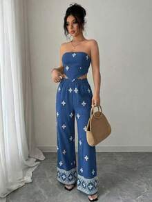 Elenzga 2件套 女士复古印花抹胸蝴蝶结优雅浪漫度假套装 - 藍白色 - 查看 4