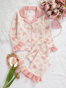 少女粉色甜心皺褶布料居家服套裝，秋季仙女假期睡衣套裝，2件組長袖睡衣居家服套裝 - 彩色 - 查看 8