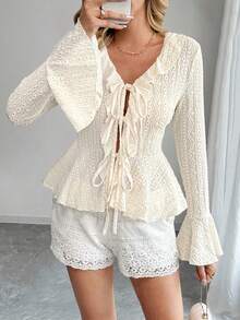 Rafferiza Elegant,Autumn Cream White V-Neck Lace Ruffle Trim Waist Cardigan Women Deep V Tie Front Slim Fit Bell Sleeve Hollow Out Blouse Top Boho Date - Apricot - View 5