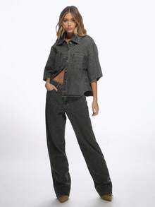MISSGUIDED Oversized Nibbled Denim Button Up Shirt Collared Long Sleeve Distressed Vintage Washed Jean Jacket Top With Chest Pockets - Dark Grey - View 5