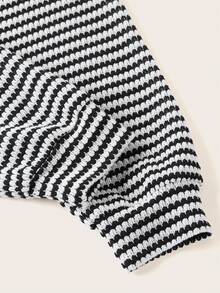 SHEIN LUNE Casual Minimalist Black & White Striped Waffle Knit Sweatshirt Sweatshirt, Suitable For Autumn/Winter Carnival - Multicolor - View 7